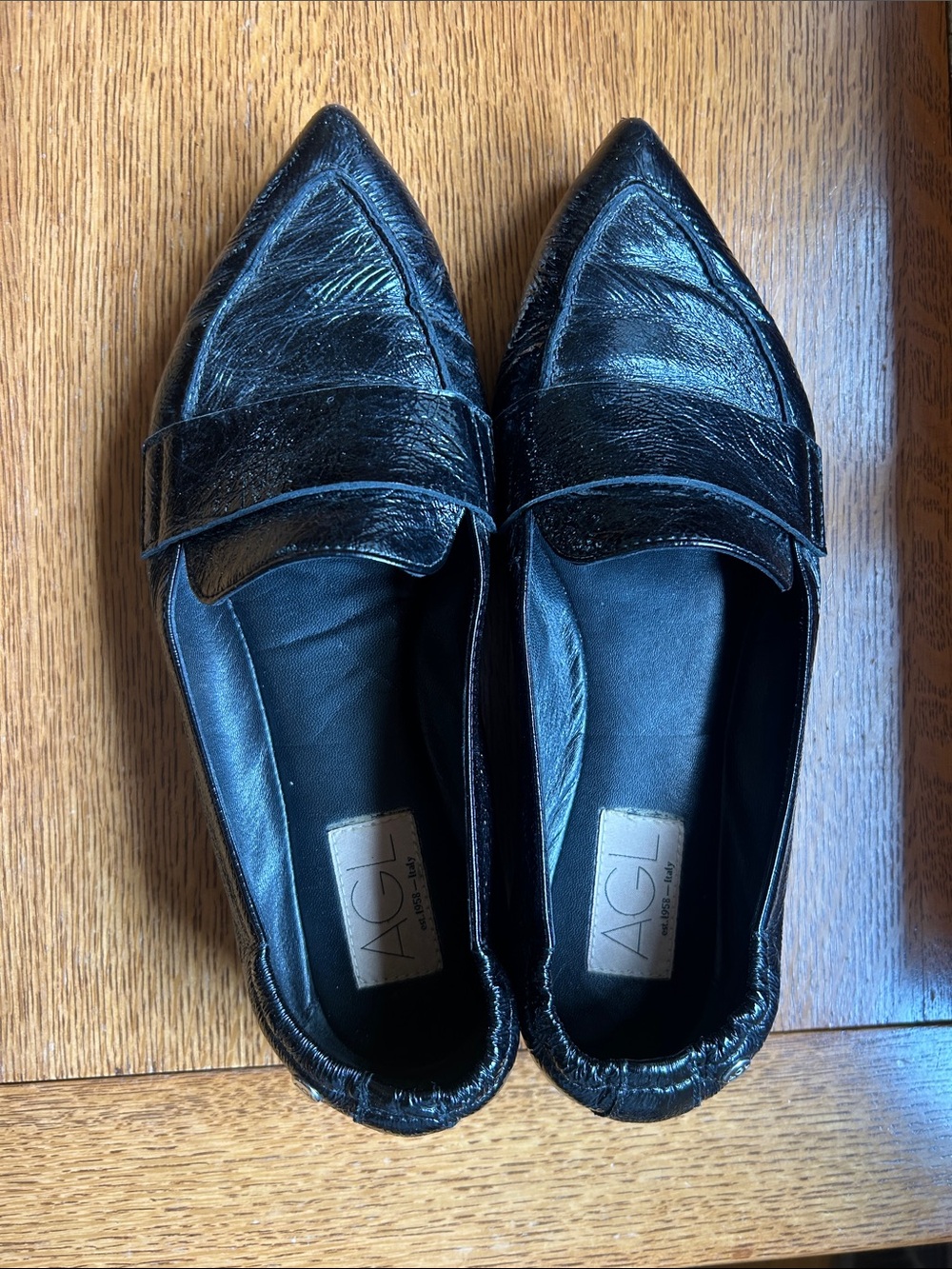 AGL Black Patent Pointed Loafer Flats